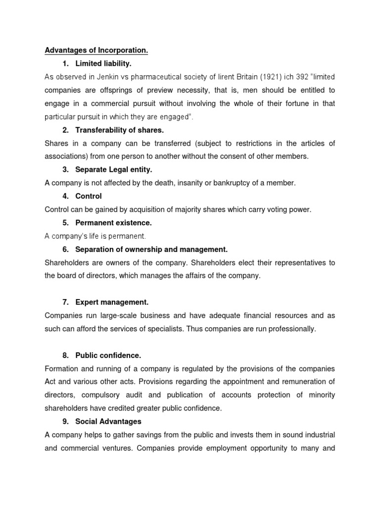 Advantages and Disadvantages of Incorporation PDF Board Of