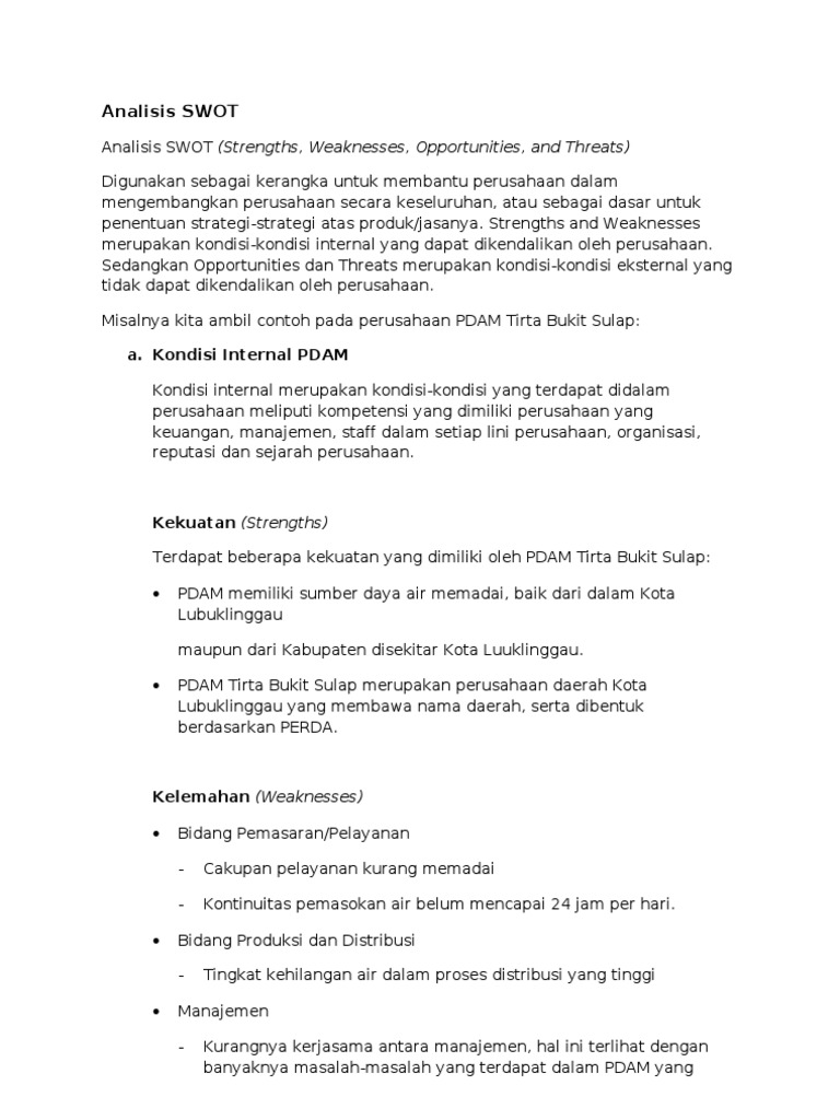 Analisis SWOT PDAM Tirta Bukit Sulap | PDF