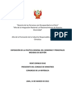 Discurso de Investidura Del Presidente Del Consejo de Ministros Rene Cornejo en El Congreso de La Republica Del Peru 14-03-14