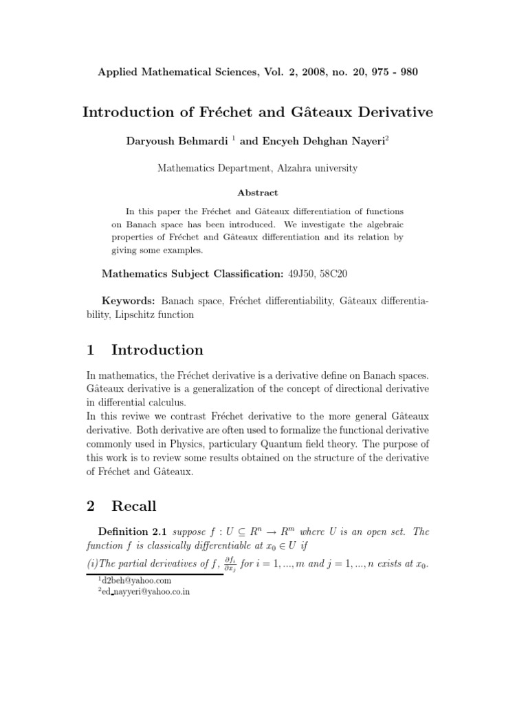 Introduction of Frechet and Gateaux Derivative PDF Banach Space