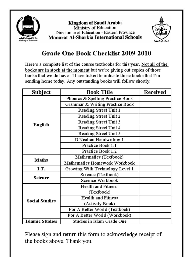 Grade One Book Checklist 2009-2010: Subject Book Title Received | PDF ...