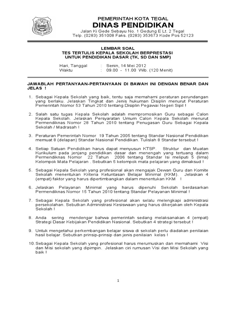 Tes Tertulis Kepala Sekolah Berprestasi Dikdas