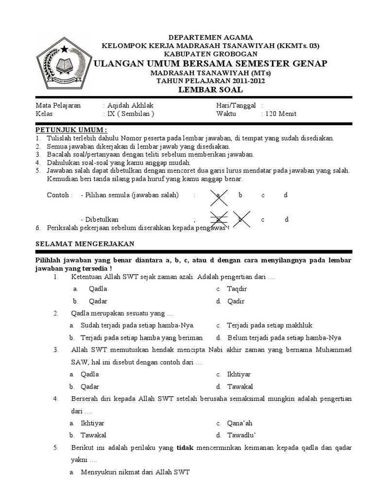 Soal Aqidah Kelas 9 Semester Ganjil 2018 2019