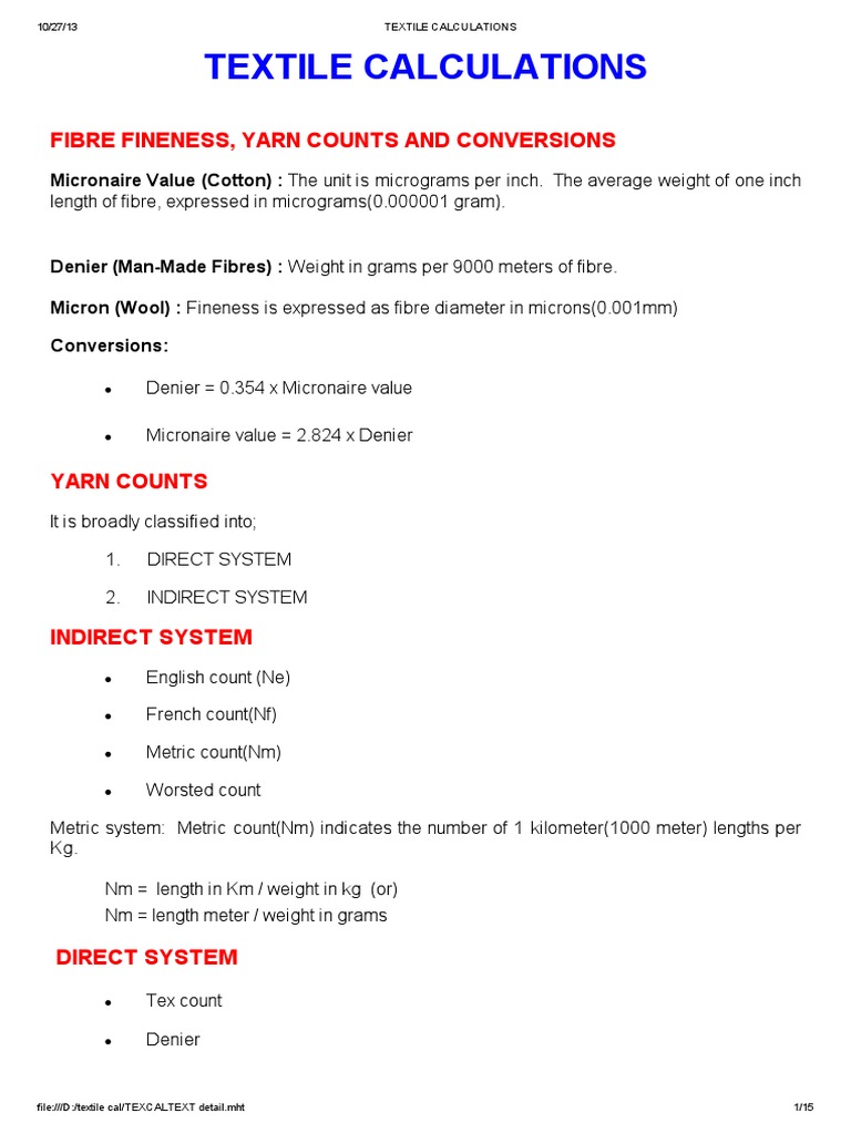Yarn Count and Denier Calculation Guide | PDF | Technology & Engineering