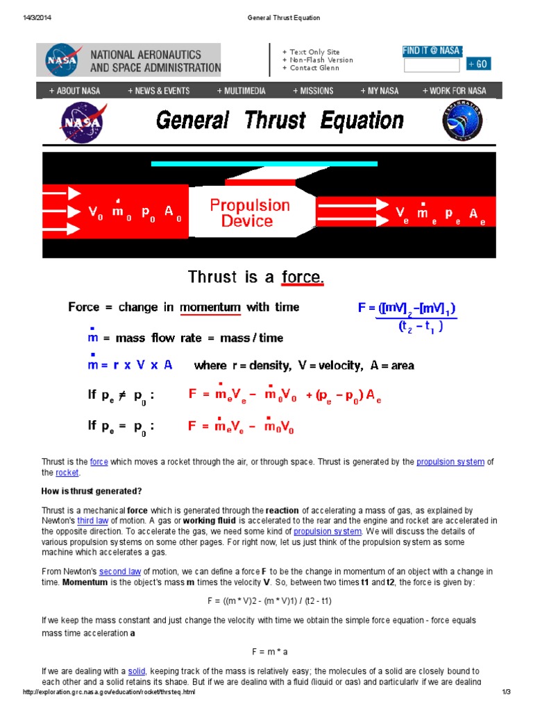General Thrust Equation Thrust Spacecraft Propulsion
