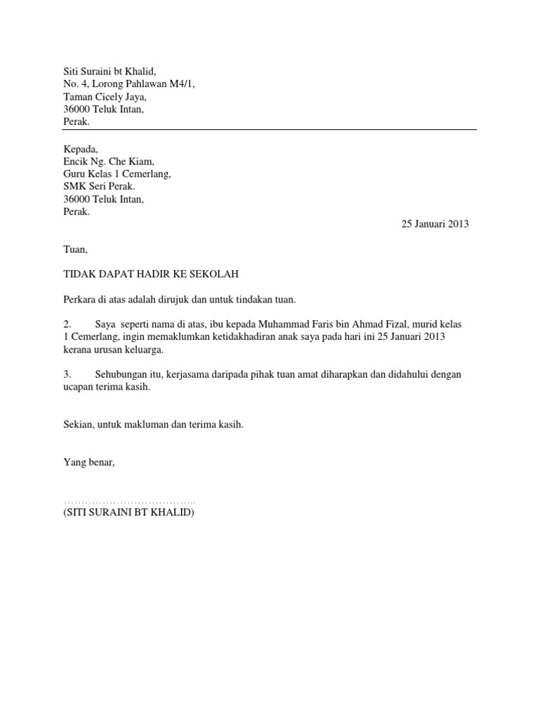 Contoh Surat Cuti Sekolah Bersebab