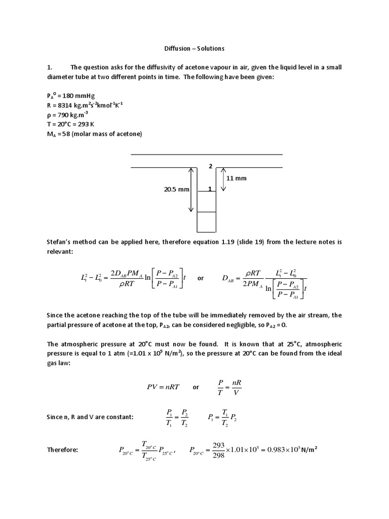 Tutorial Sheet 1 (Diffusion) - Solutions | PDF