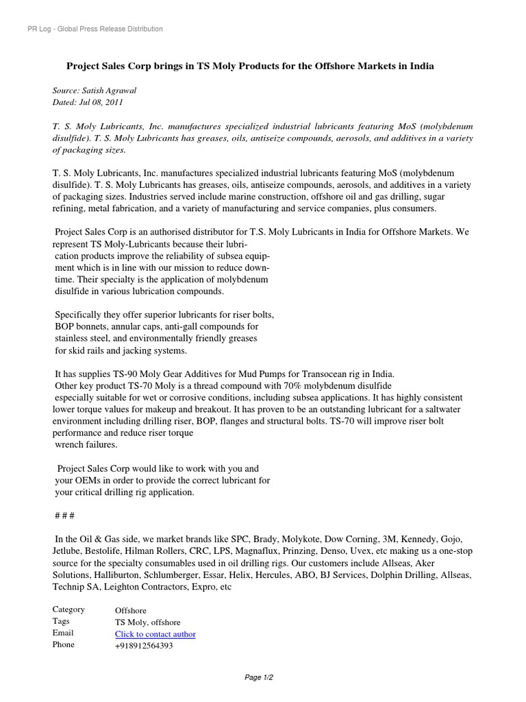 TS Moly India Call +919885149412 PDF Offshore Drilling Lubricant