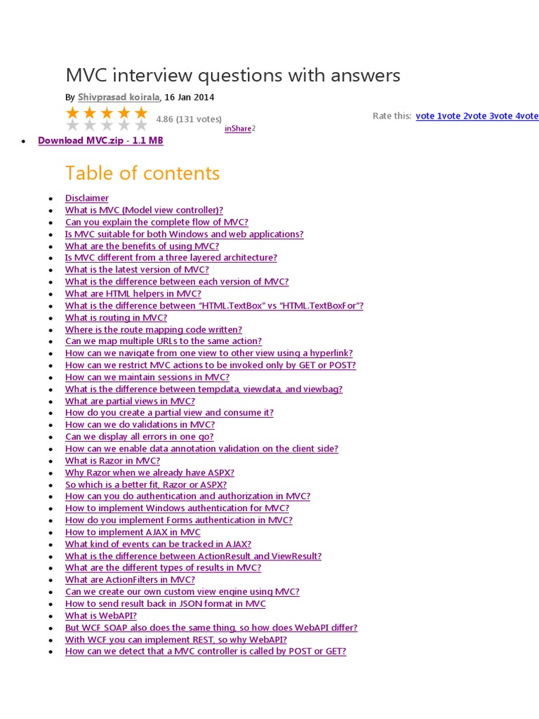 MVC Interview Questions With Answers | PDF