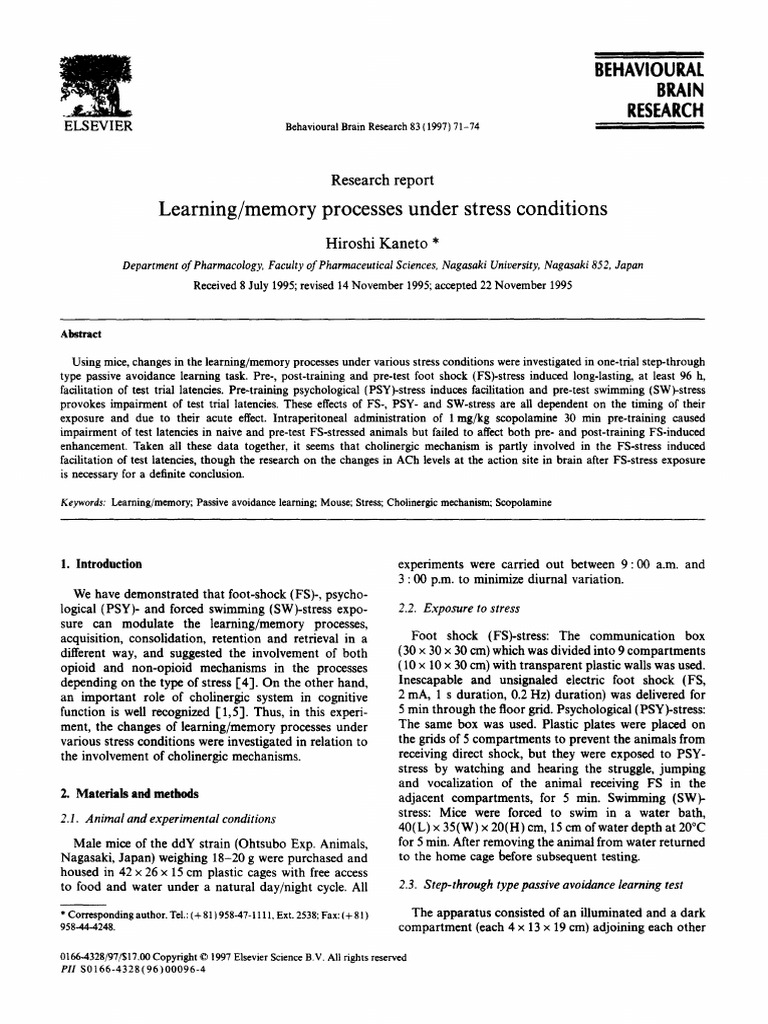 Learning Memory Processes Under Stress Conditions | PDF | Acetylcholine ...
