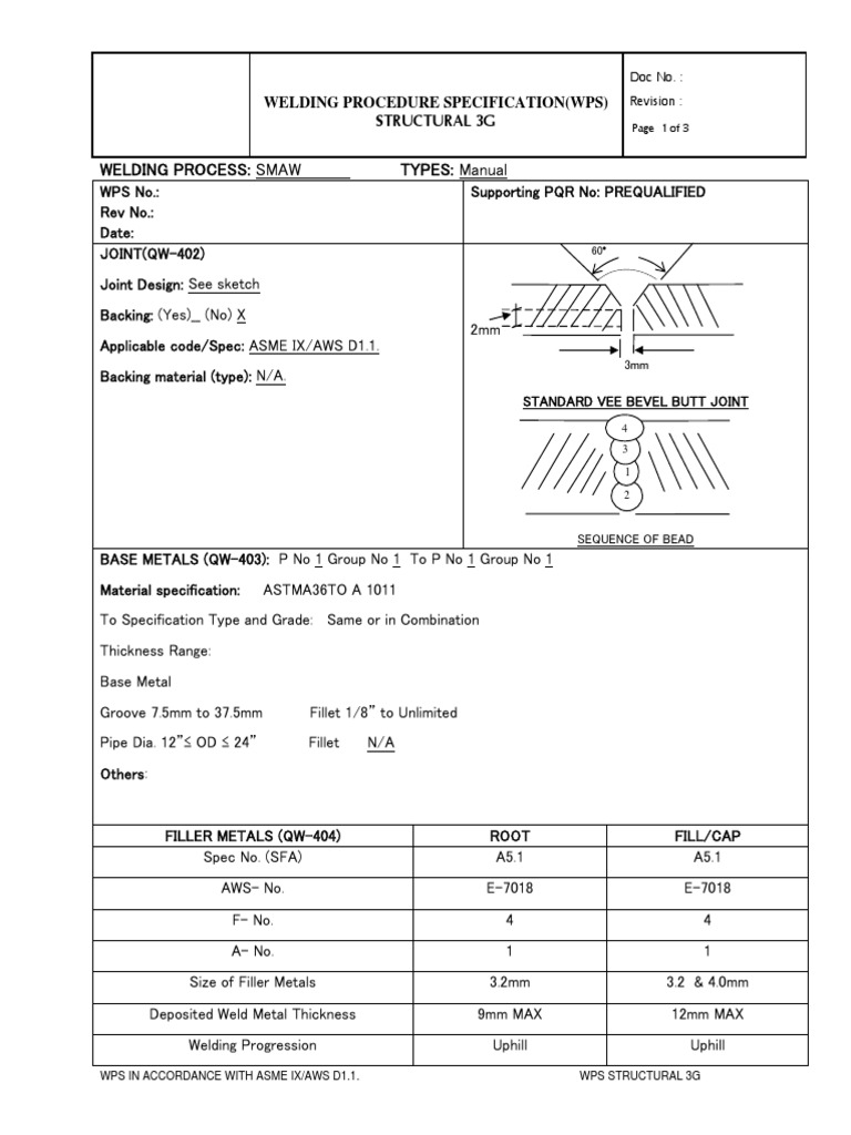 3G SMAW Welding Procedure Specification | PDF | Welding | Construction