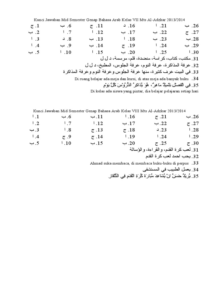  Kunci  Jawaban Mid Semester Genap Bahasa Arab Kelas  VII Mts Al