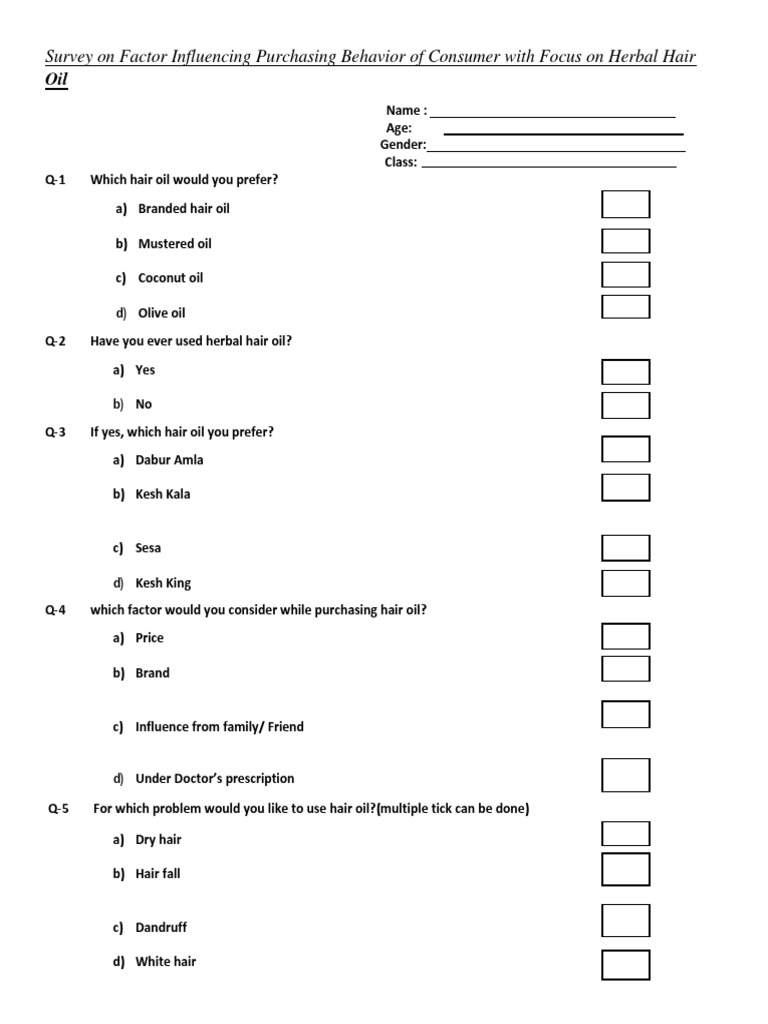 Questionnaire On Herbal Hair Oil PDF Business Economics Marketing