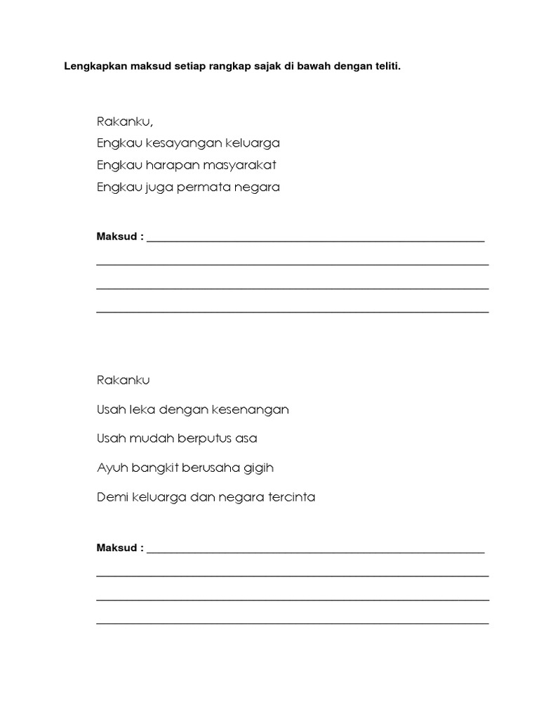 Lengkapkan Maksud Setiap Rangkap Sajak Di Bawah Dengan Teliti | PDF