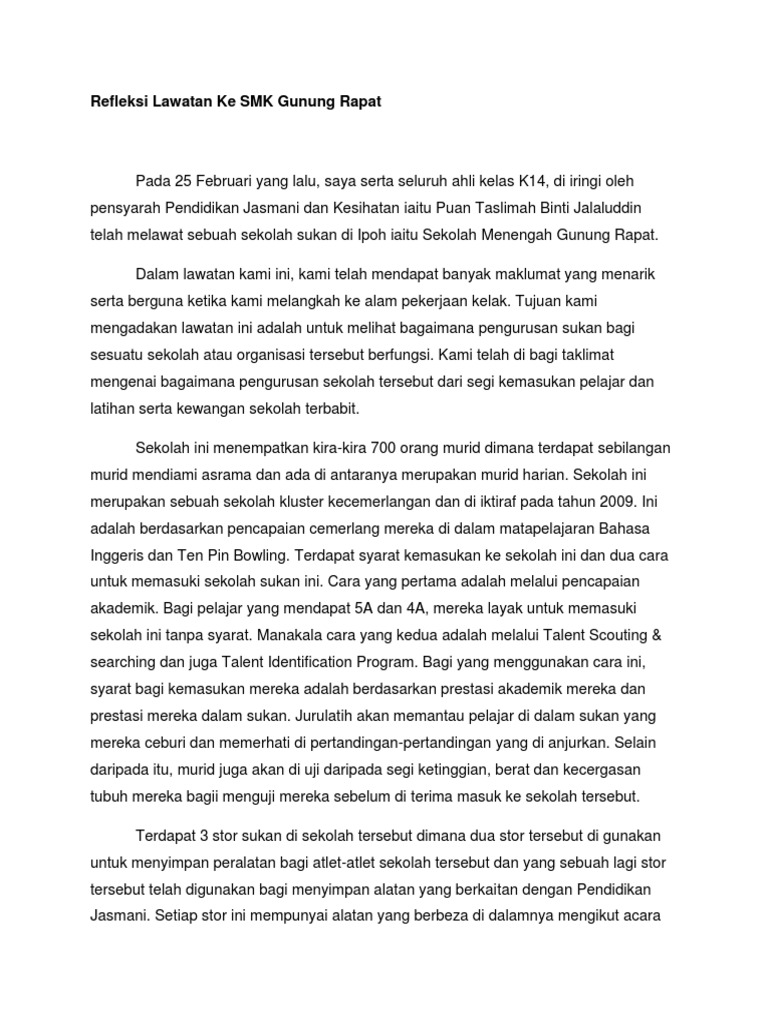 Refleksi Lawatan Ke Smk Gunung Rapat Pdf