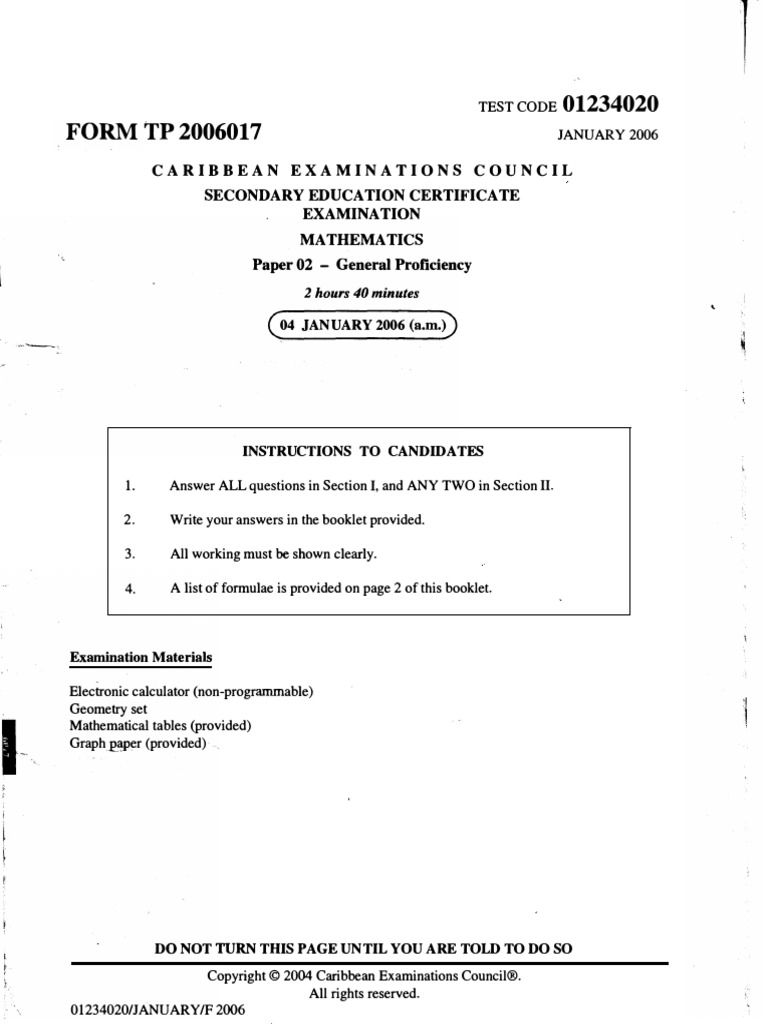 CSEC Maths January2006 Paper 2 | PDF | Sphere | Determinant