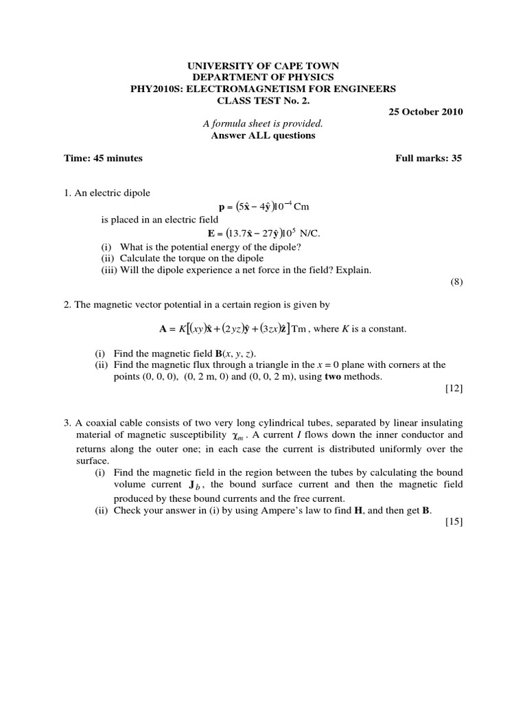 Electromagnetism Test for Engineers | PDF