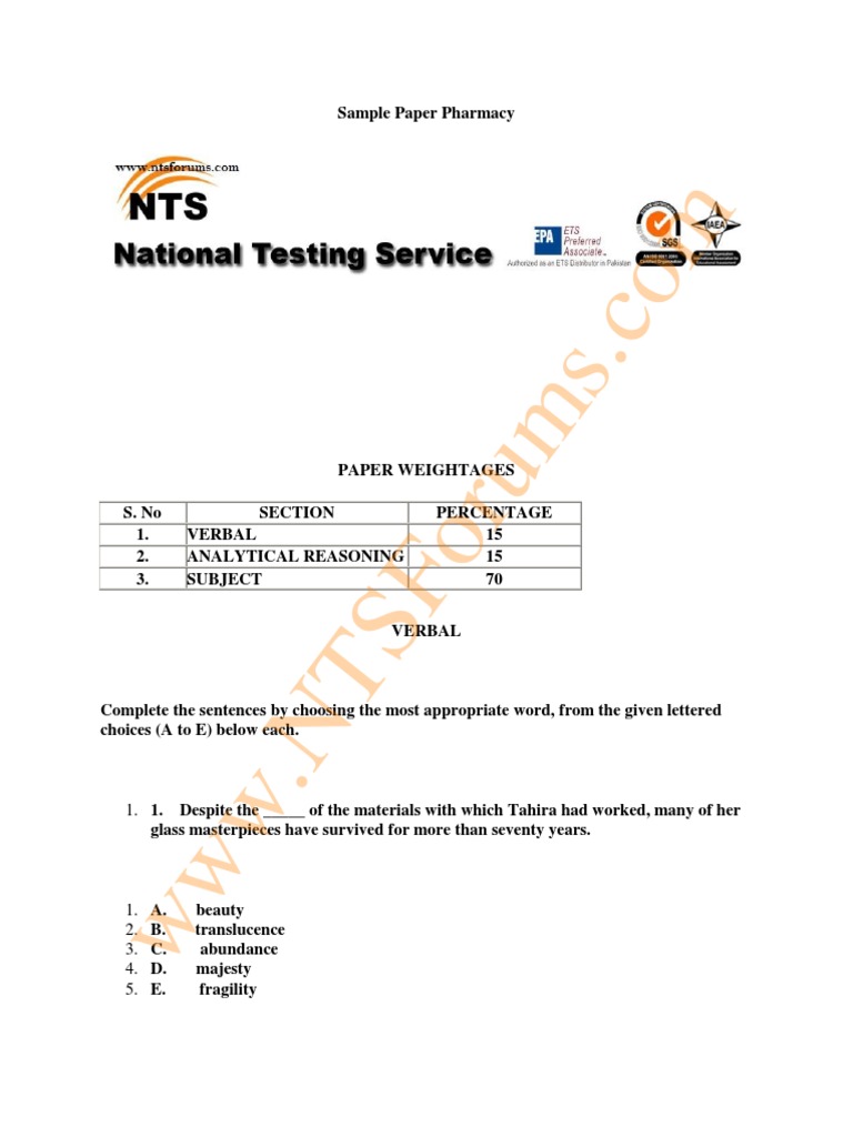NTS GAT Test Sample Paper Of Pharmacy Humanities Test Assessment 