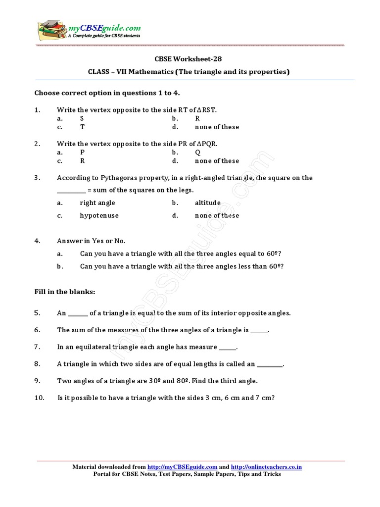 CBSE Class VII Triangle Worksheet | PDF