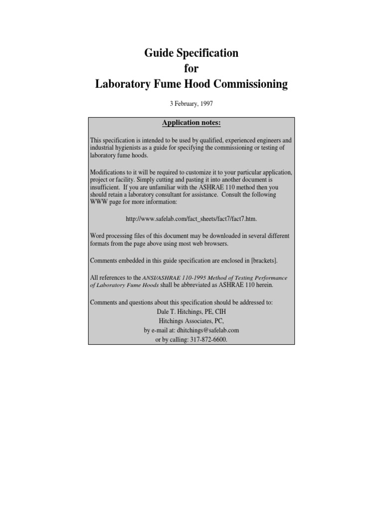 Guide Specification For Laboratory Fume Hood Commissioning ASHRAE 110