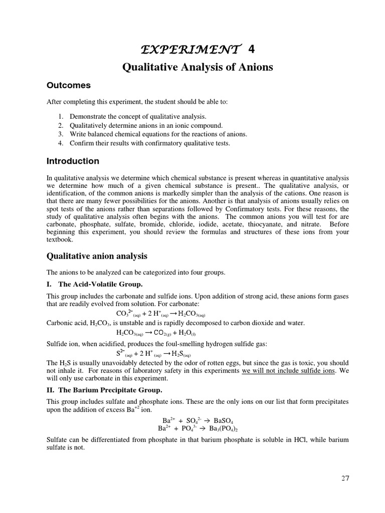 CHEM 103 Exp 04 Qualitative Analysis Anions Part I NEW | PDF | Foreign ...