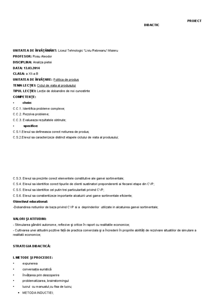 Plan De Lectie Ciclul De Viata Al Produsului Cl 12