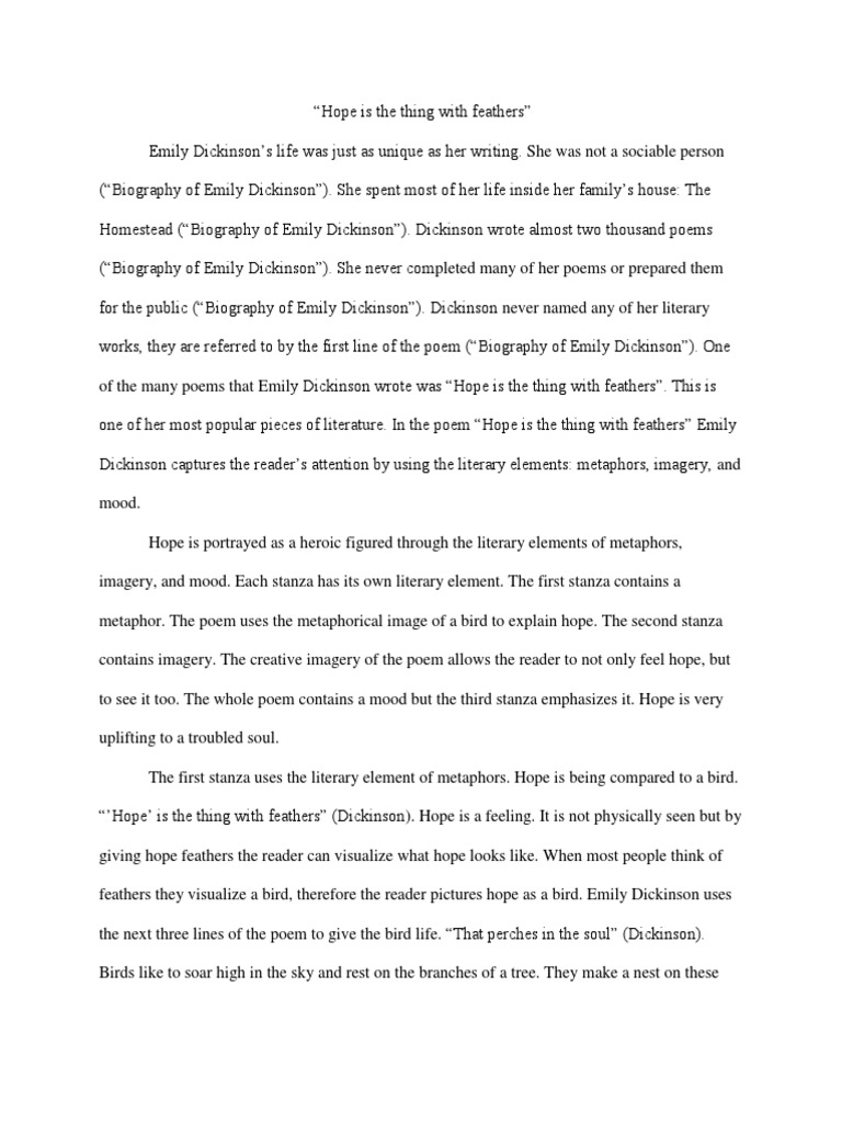 Hope Is The Thing With Feathers Essay And Work Citied Emily Dickinson Poetry