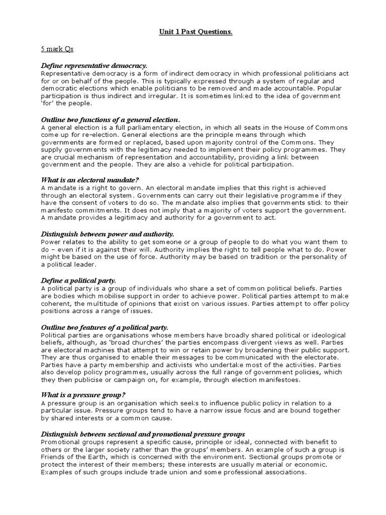 Unit 1 Past Questions Politics PDF Advocacy Group Elections