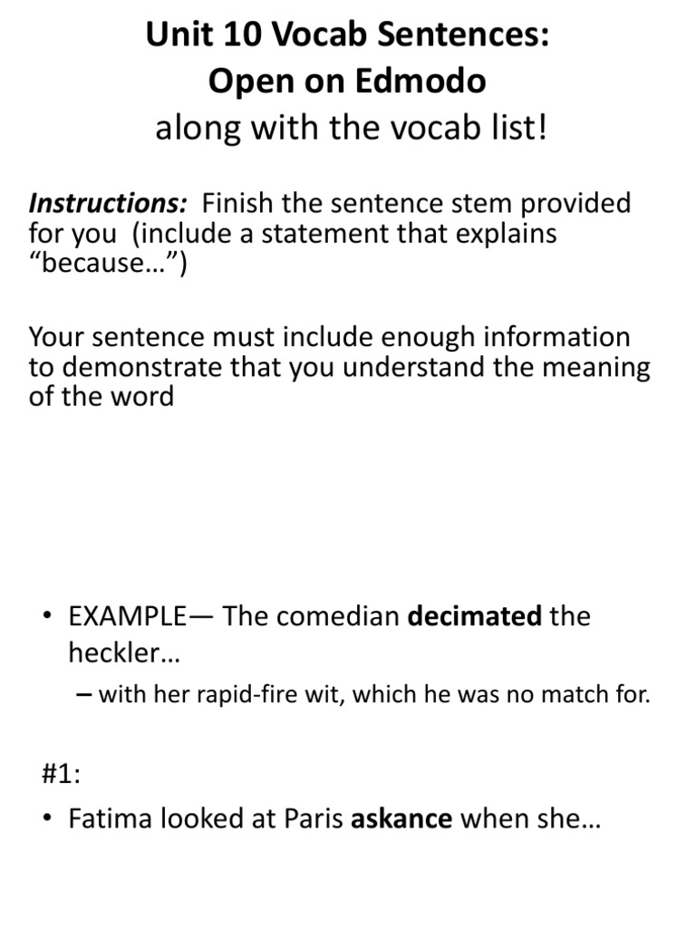 Unit 10 Vocabulary Sentence Guide | PDF