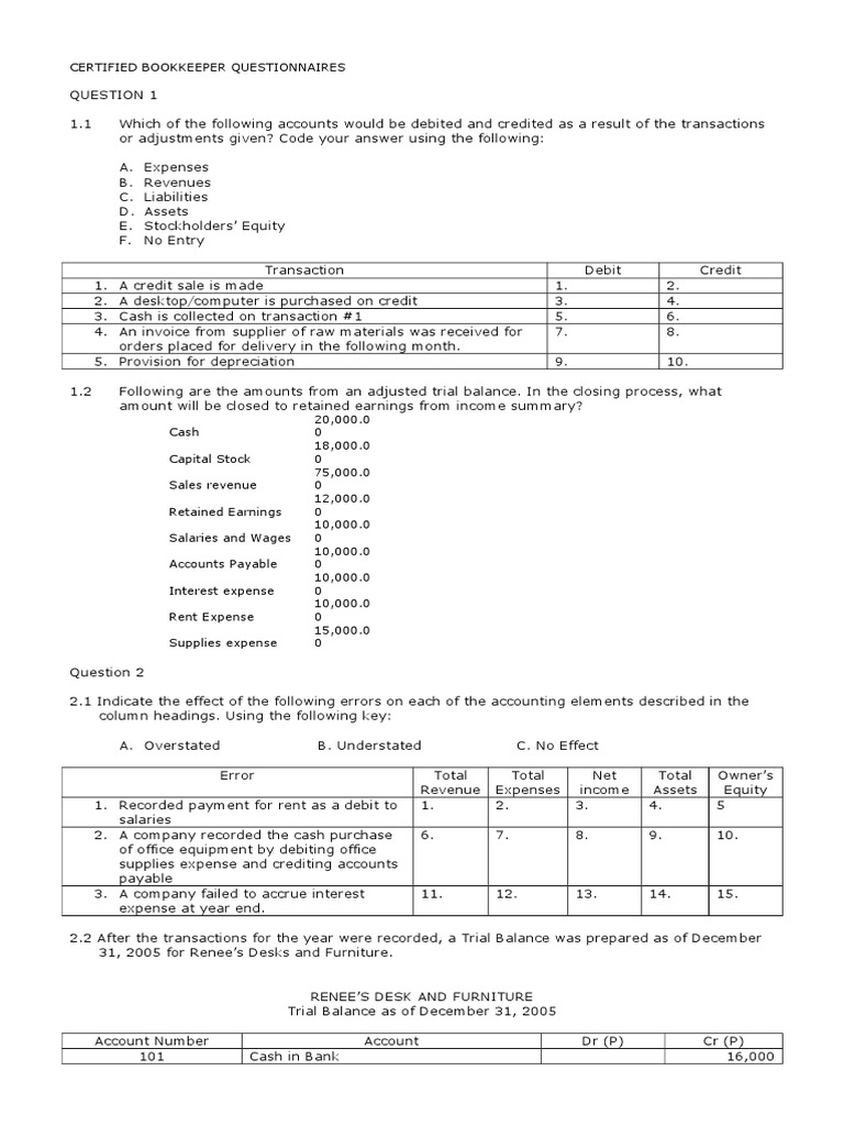 Certified Bookkeeper Exam Practice Questions | PDF | Debits And Credits ...