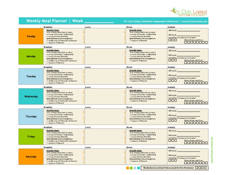 Fit Club United Weekly Meal Planner Herbalife Weight Loss Plan PDF