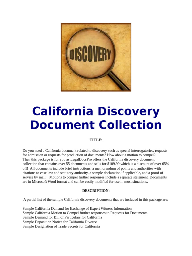 California Discovery Document Collection for Sale Motion To Compel