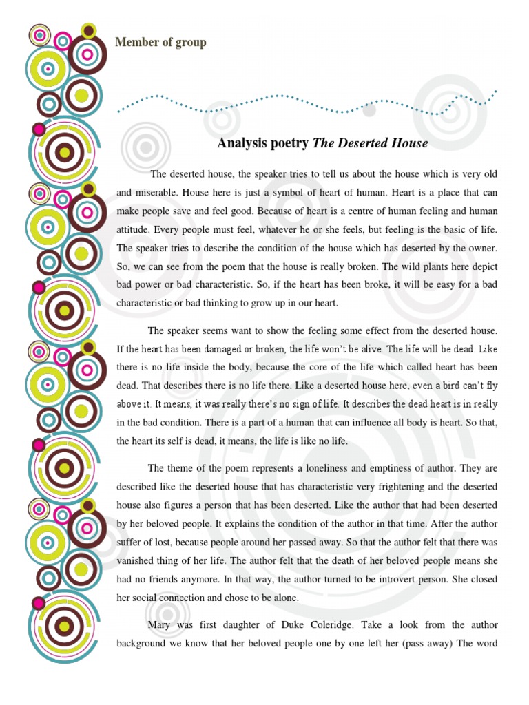 Analysis Poetry the Deserted House Samuel Taylor