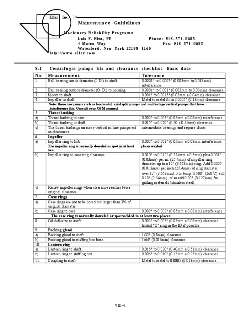 Maintenance Guidelines 8. 1 Centrifugal Pumps Fits and Clearance