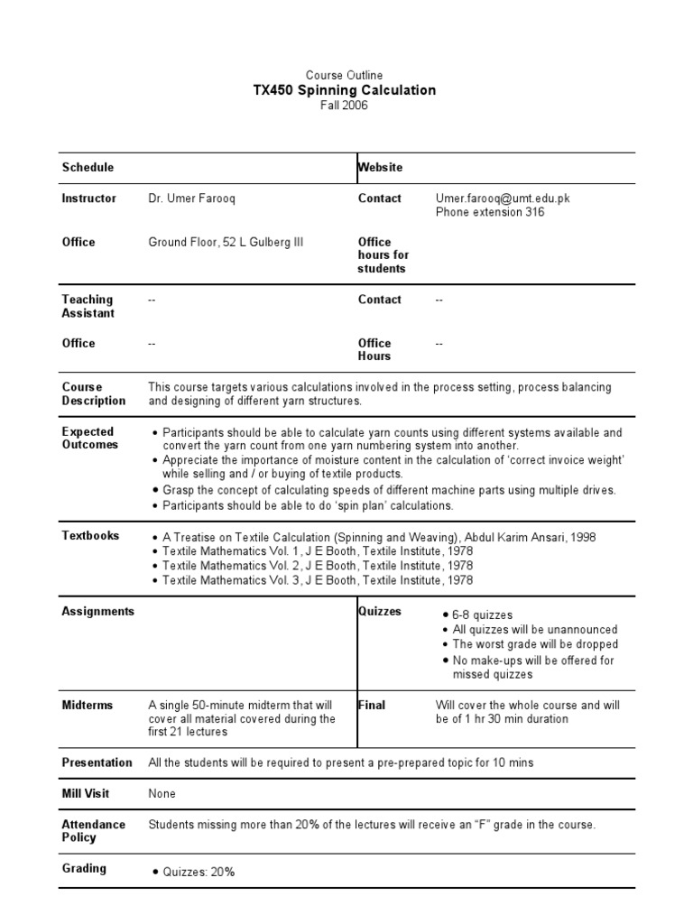TX450 Spinning Calculation Schedule site Instructor Contact PDF Yarn Spinning (Textiles)