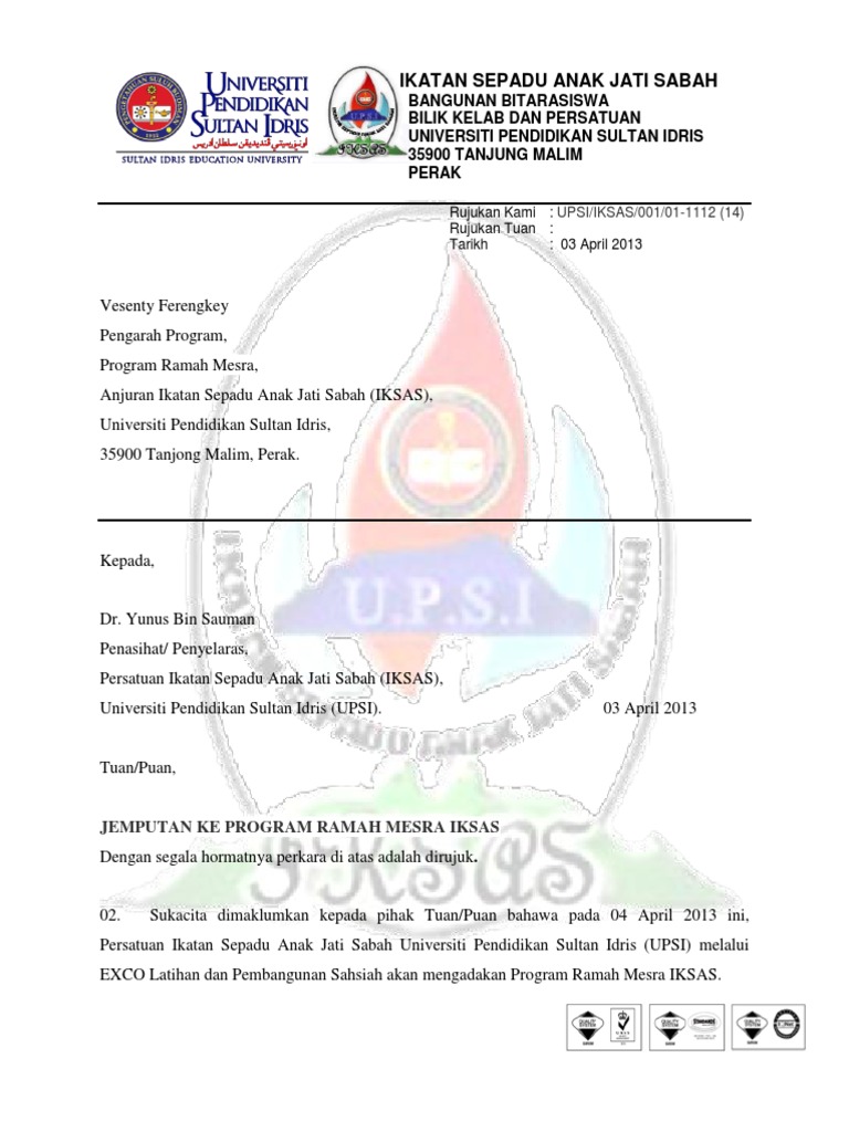 Contoh Surat Jemputan Rasmi Program Pdf