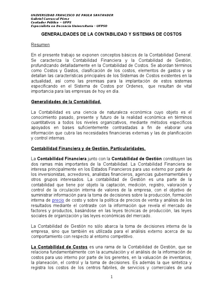1generalidades de La Contabilidad y Sistemas de Costos | PDF | Costo ...