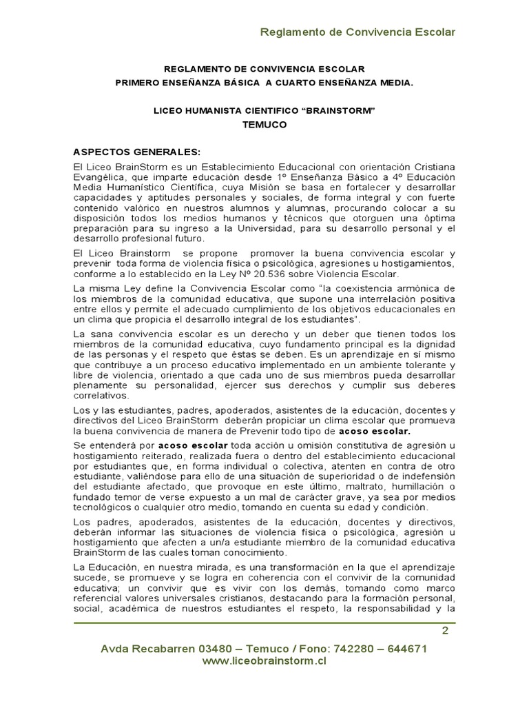 Reglamento de Convivencia Escolar BrainStorm | PDF | Delito | Abuso sexual