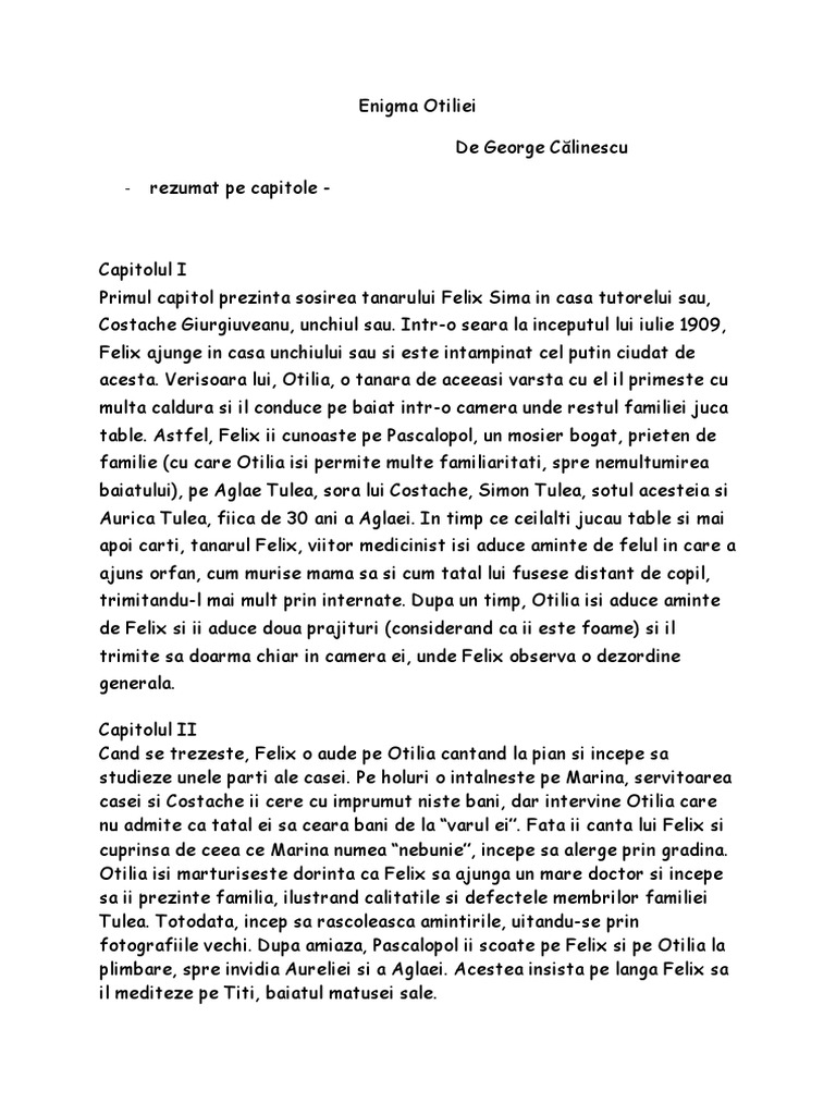Print Si Cersetor Rezumat Pe Capitole Enigma Otiliei - Rezumat Pe Capitole | PDF