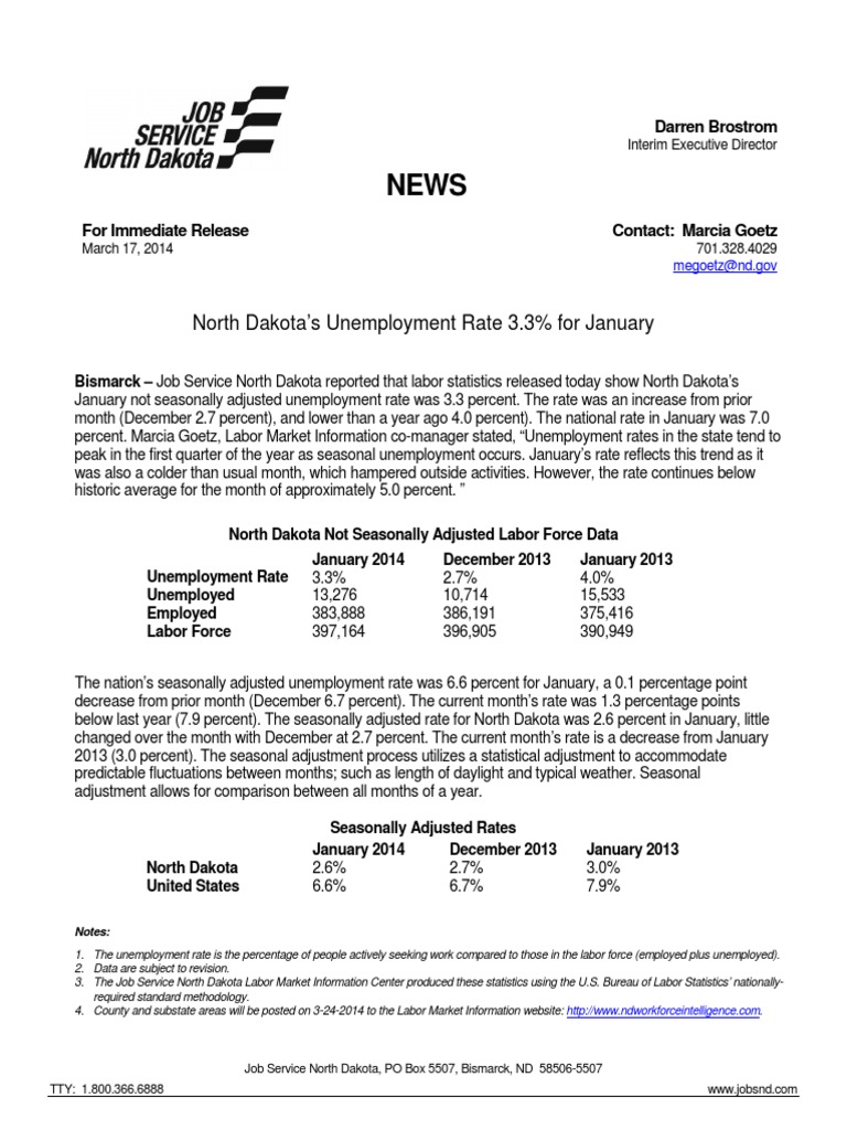 North Dakota January 2014 Unemployment Report PDF North Dakota Unemployment