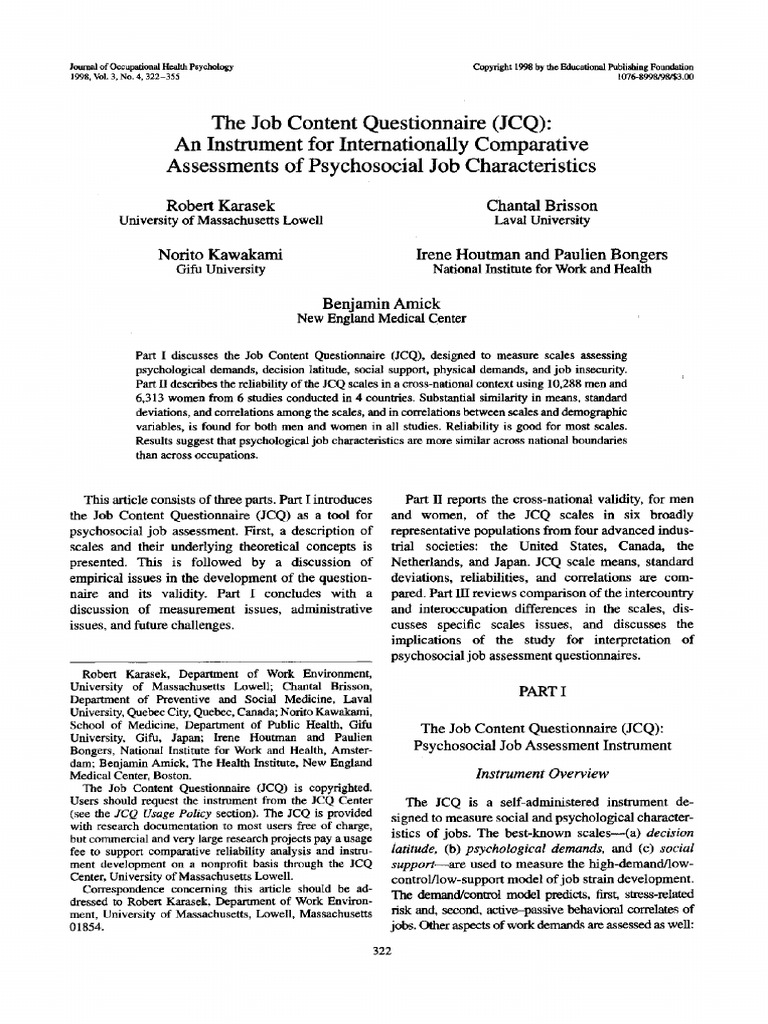 Job Content Q JOHP 1998 | PDF | Self Report Study | Sociology