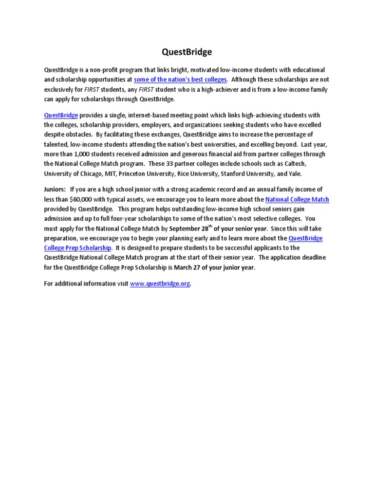 QuestBridge Scholarships for Low-Income Students | PDF