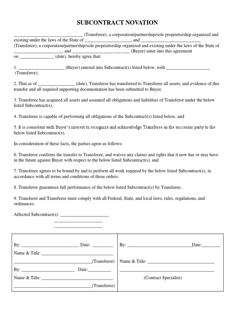 Subcontract Novation Agreement Form | PDF | Finance & Money Management