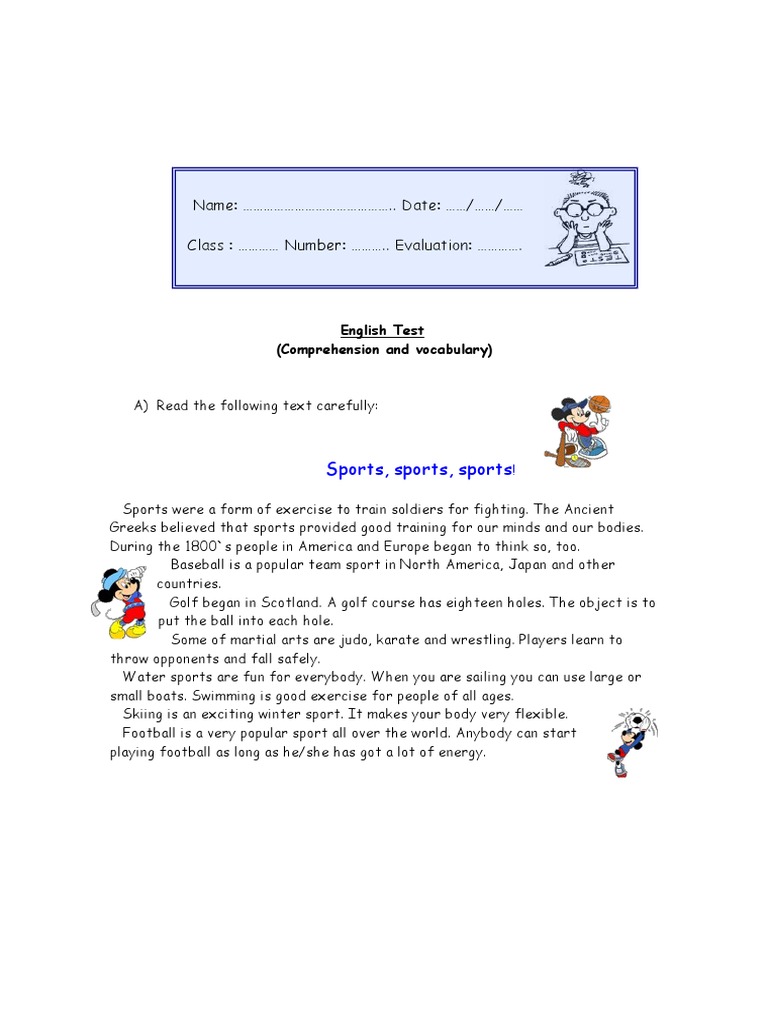 English Sports Comprehension Test | PDF | Sports & Recreation