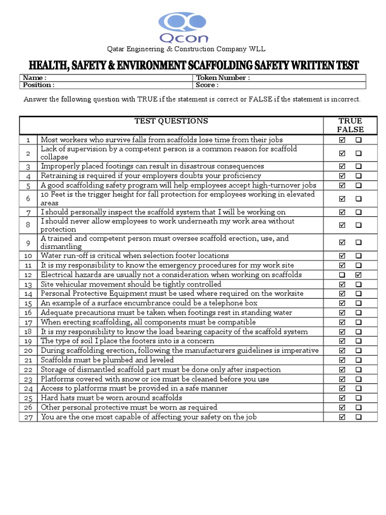 Scaffolding Safety Test Answer Qcon HSE Format 52