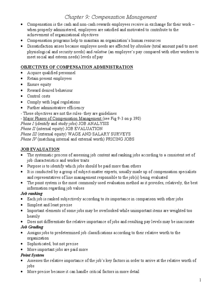 Chapter 9 Compensation Management Objectives of Compensation
