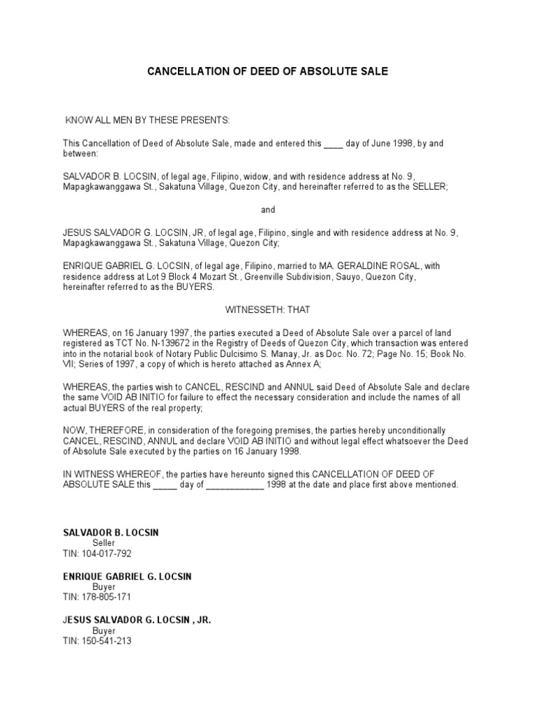 Cancellation of Deed of Absolute Sale