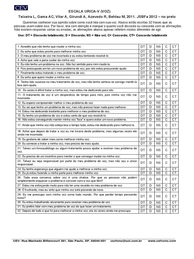 Escala URICA-VOZ: Avaliação da Prontidão | PDF