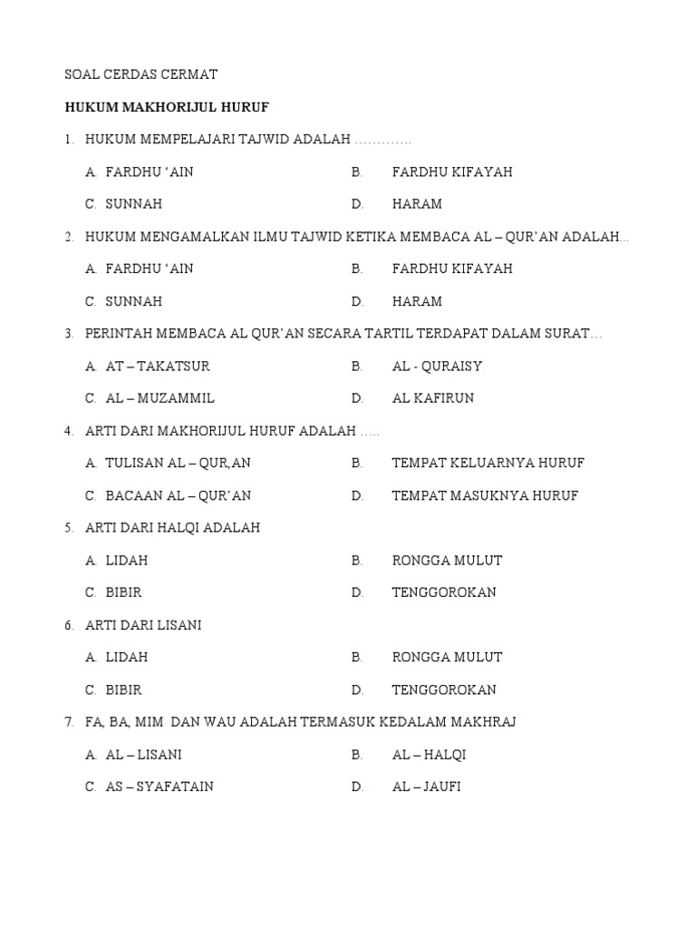 Soal Cerdas Cermat Hukum Makhorijul Huruf 1 Hukum Mempelajari Tajwid Adalah A Fardhu Ain C Sunnah Bd