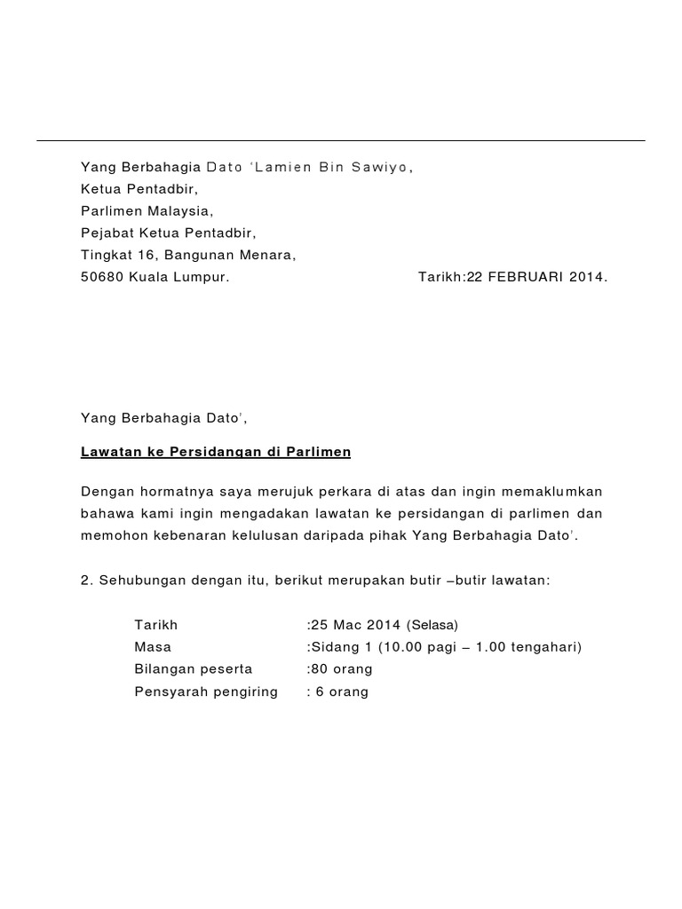 Surat Rasmi Lawatan Ke Parlimen Pdf
